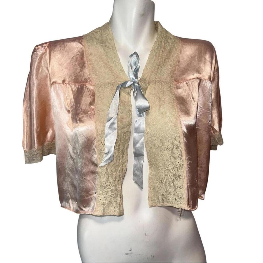 1920s 1930s Rare Pink Satin and Lace Bed Jacket with Blue Ribbon